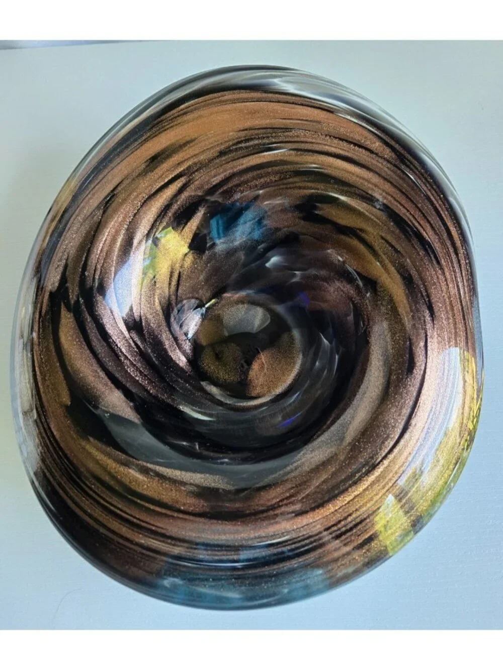 Vintage Hand Blown Swirl Gold Glitter & Black Art Glass Bowl 9